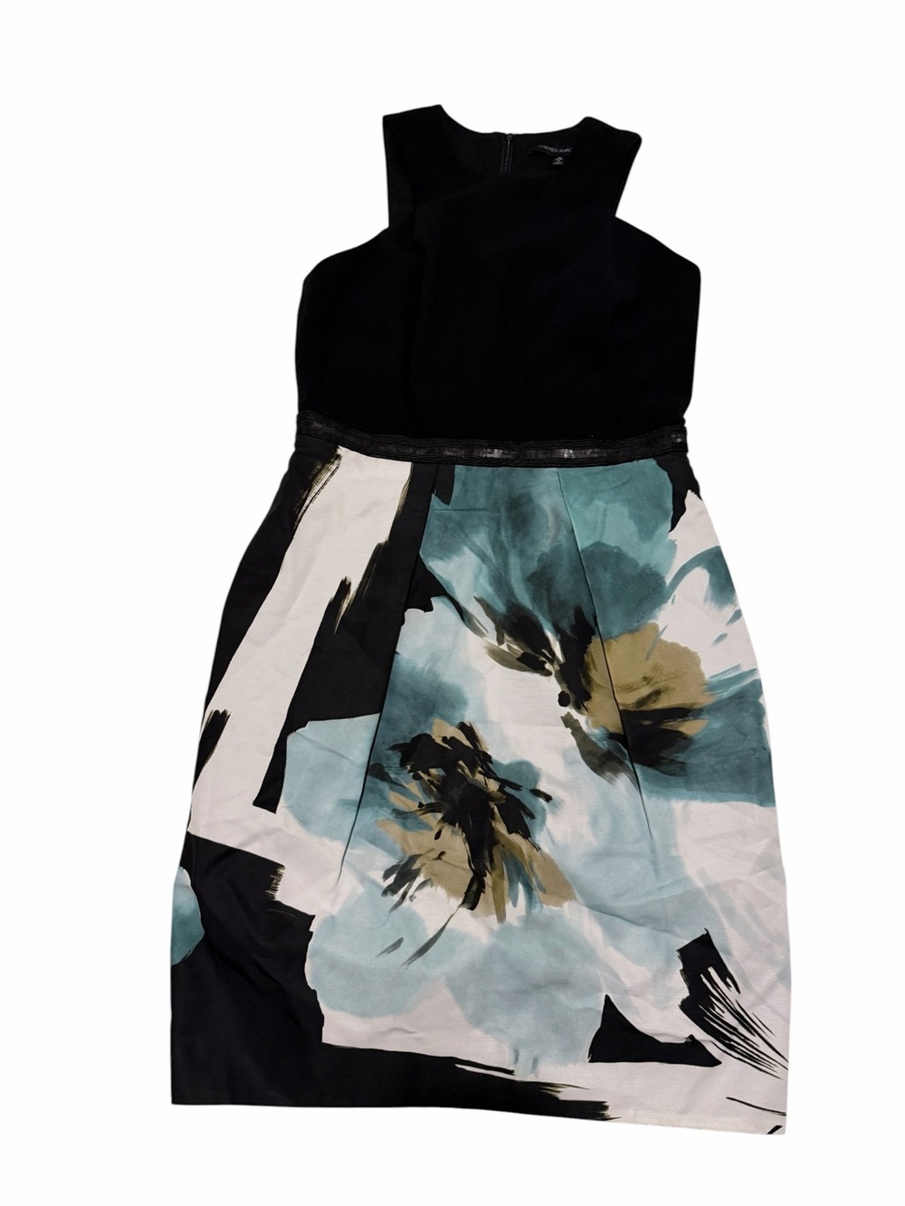 Carmen Marc Valvo Black Bodice Floral Skirt Dress - Teal & Gold Accents, NWT